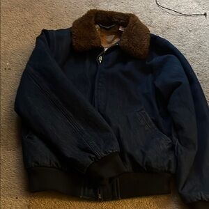 Levi's Blue Bomber Jacket with Brown Shearling Collar